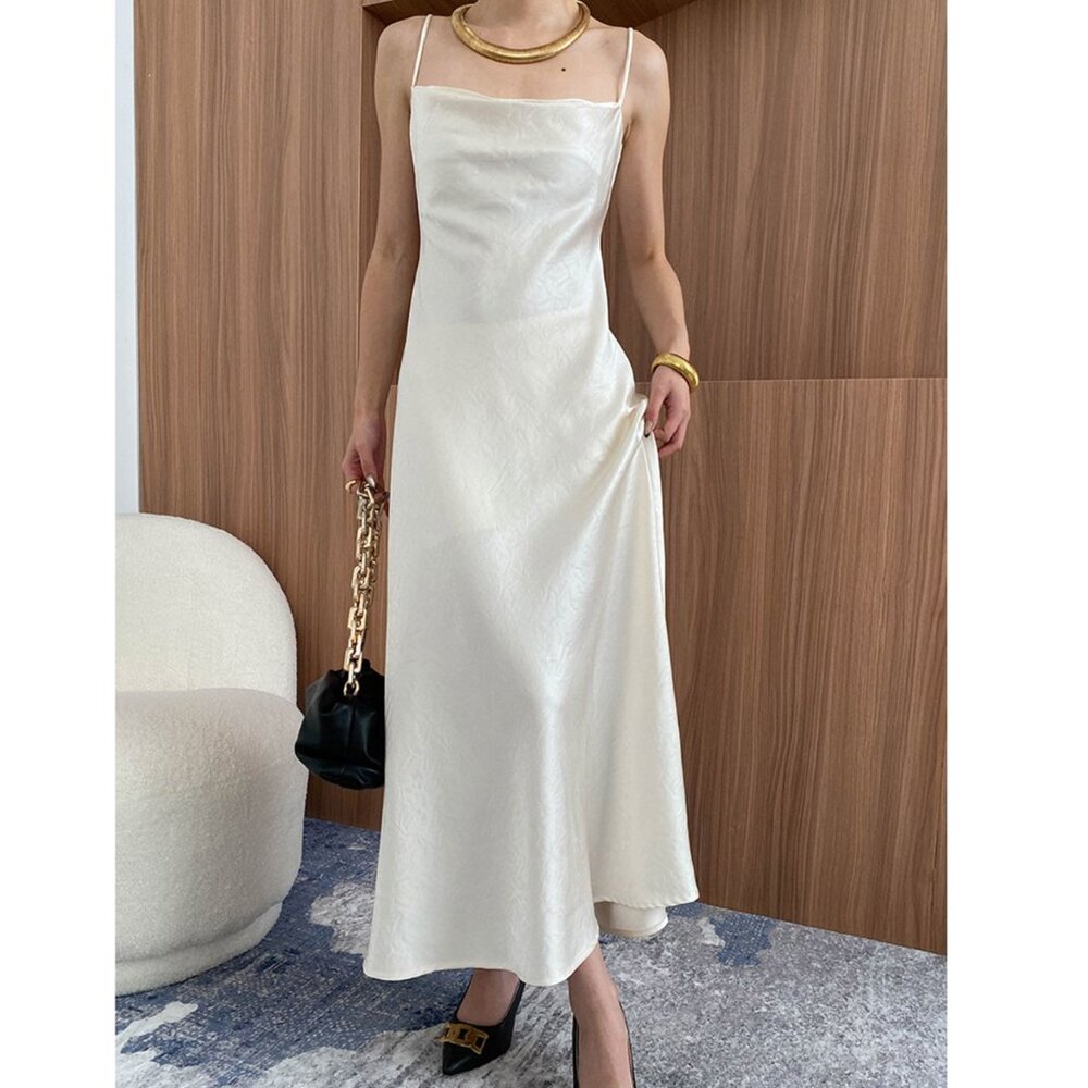 CHICWISH - Texture Jacquard Drape Neck Satin Cami Dress in Ivory - XS